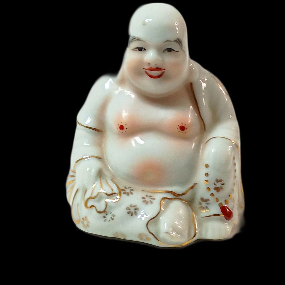 Glazed Hand-painted porcelain/ceramic figurine of seated Happy Buddha VINTAGE